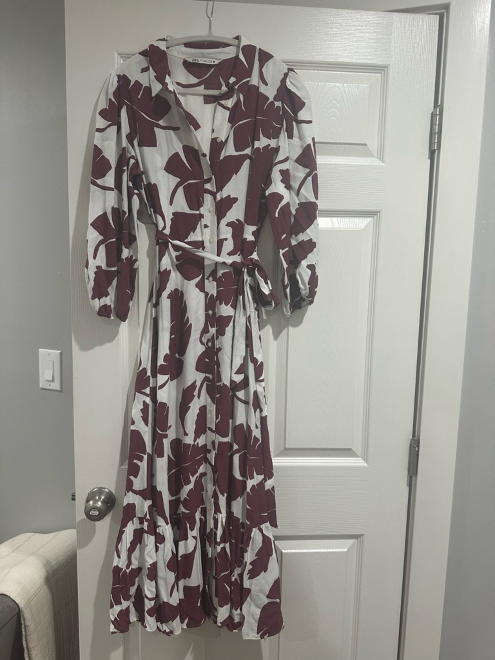 Zara White Maxi Dress with Burgundy Floral Print